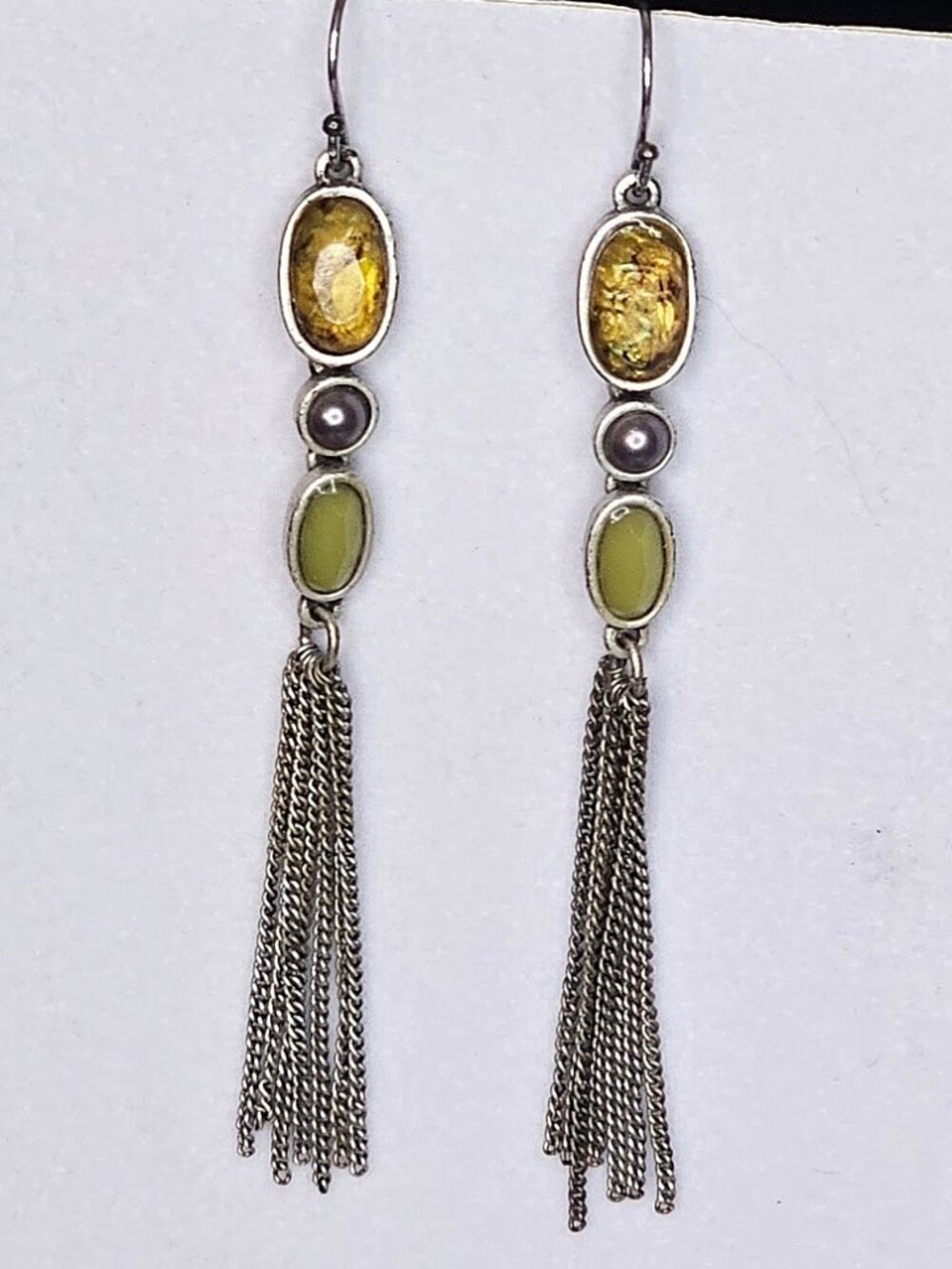 Vintage Boho Silver Tone Multi-Stone Tassel Dangle Earrings